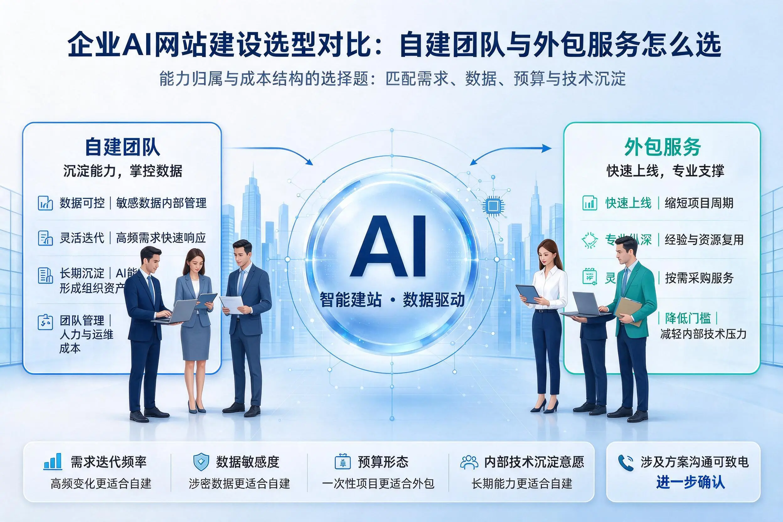 阜阳企业AI网站建设选型对比：自建团队与外包服务怎么选